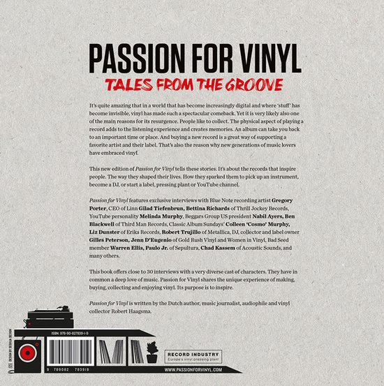 Boekomslag "Passion For Vinyl - Tales From The Groove" met tekst en een illustratie van een platenspeler.