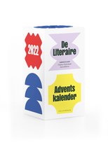 Literaire adventskalender 2022 met 'De Literaire', 'Advents kalender' en 'PELCKMANS' in paars, geel en wit, met rode en blauwe grafische vormen.
