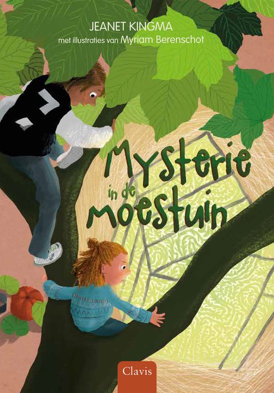 Voorzijde kinderboek 'Mysterie in de moestuin'. Jongen en meisje in een boom, groene bladeren, oranje pompoen.