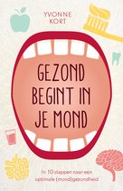Boekomslag met een grote mond, tandenborstel, appel, glas water, tand en hersenen. Tekst: 'Gezond begint in je mond'.