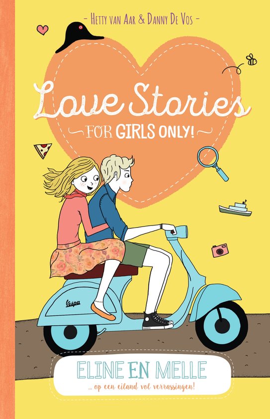 De voorkant van het boek 'Eline en Melle' met een illustratie van een jongen en een meisje op een scooter, met de titel 'Love Stories for Girls Only!'.