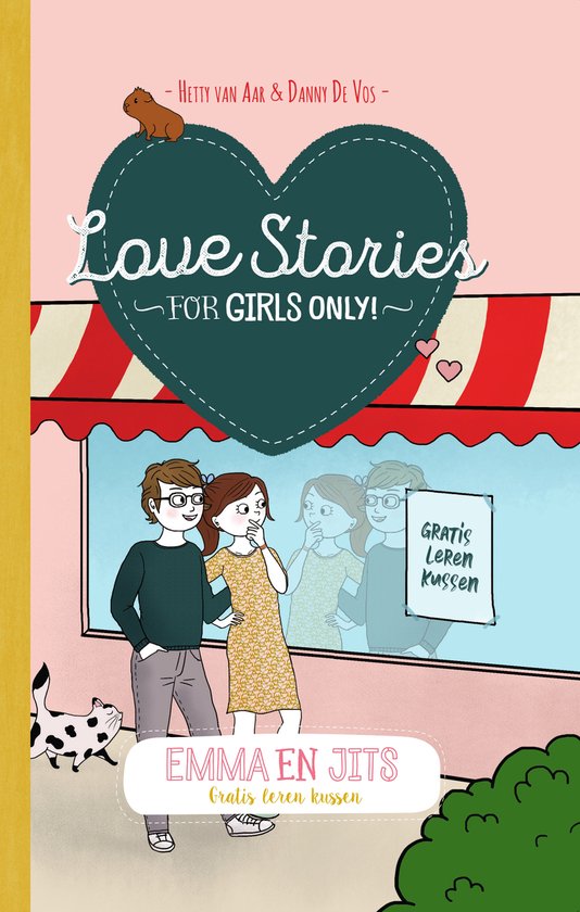 Boekomslag met de titel 'Love Stories - For Girls Only!', met een tekening van een jongen en een meisje in een winkel, en een kat.