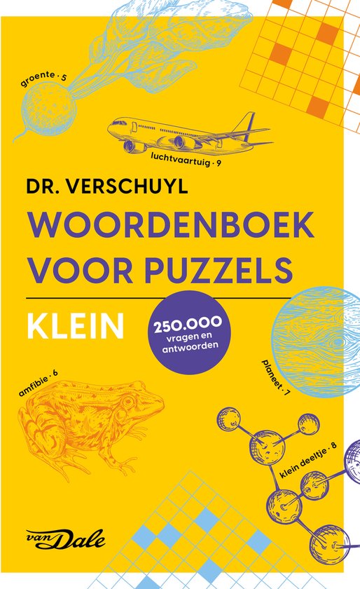 Boekkaft met "DR. VERSCHUYL WOORDENBOEK VOOR PUZZELS" in grote letters, een vliegtuig, een kikker en een atoommodel op een gele achtergrond.
