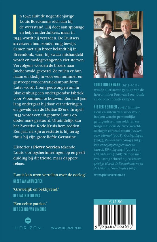 Boekcover met een foto van twee mannen, een jongere en een oudere, met tekst over 'De Laatste Getuige'.
