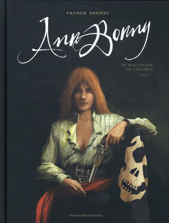 Fictieve piraat Ann Bonny met rode haren, een polkadot blouse en een pistool.