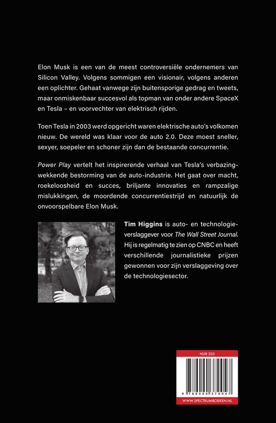 Achterkant boek: portret van Tim Higgins, met tekst over "Power Play" en Elon Musk.