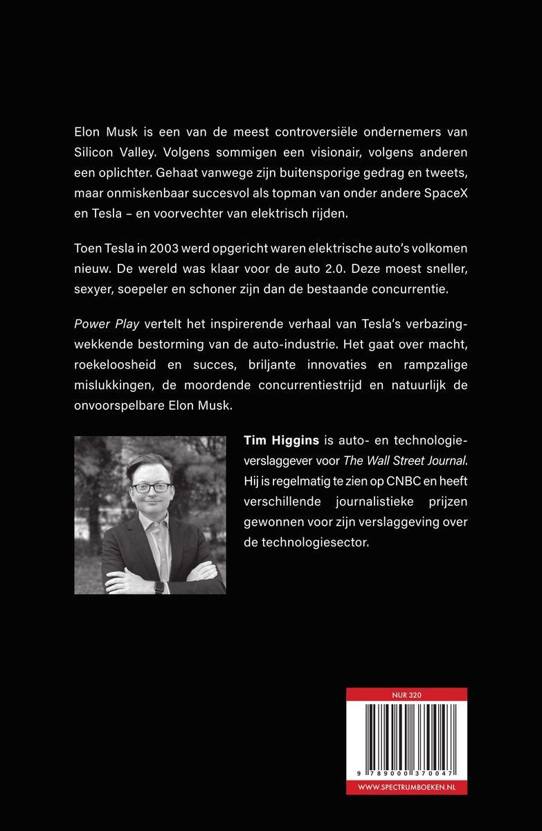 Achterkant boek: portret van Tim Higgins, met tekst over "Power Play" en Elon Musk.