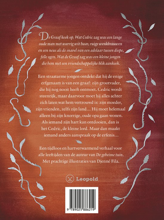 Boek met rode kaft en decoratieve zilveren takken. Tekst in verschillende lettergroottes, 'De Graaf keek op.' en 'Leopold'.