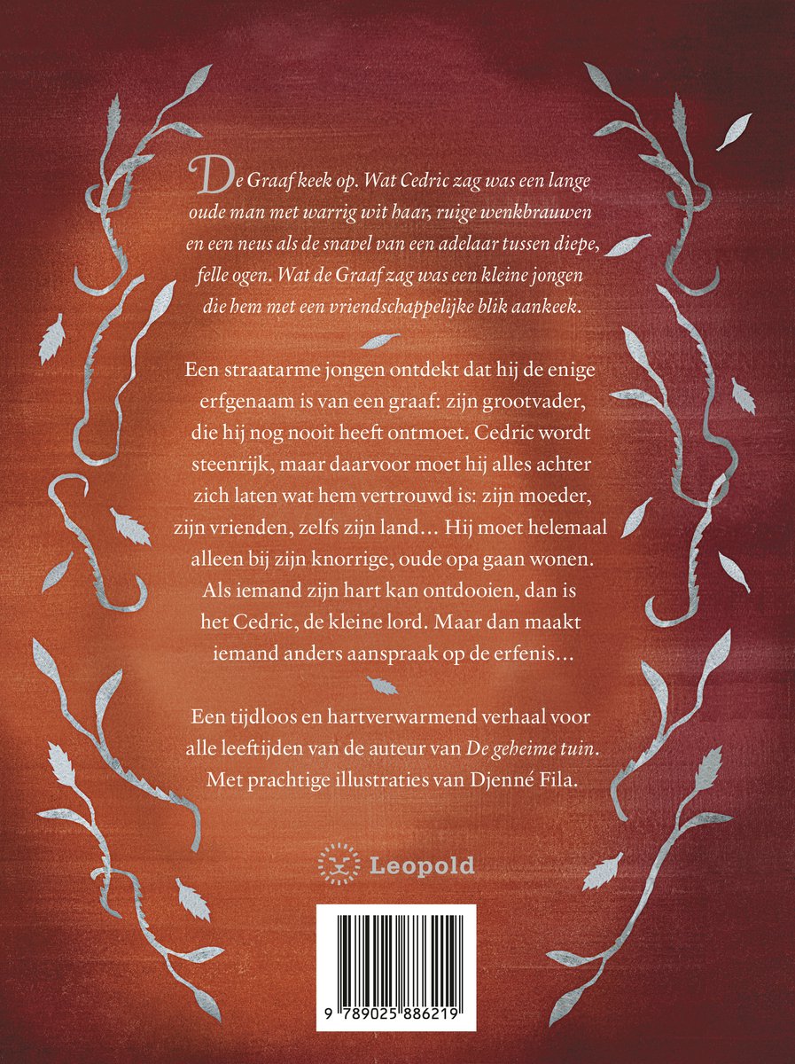 Boek met rode kaft en decoratieve zilveren takken. Tekst in verschillende lettergroottes, 'De Graaf keek op.' en 'Leopold'.