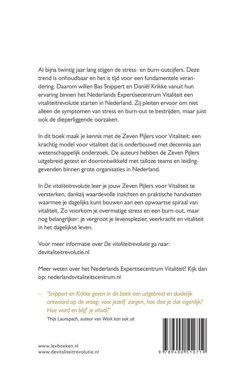Boek "De vitaliteitrevolutie" met een gele, gedraaide strip op de voorkant en tekst over vitaliteit en stress.