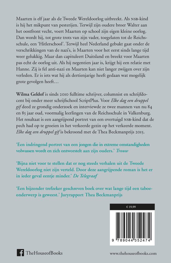 Achterkant van het boek 'Elke dag een druppel gif' met de prijs en website.