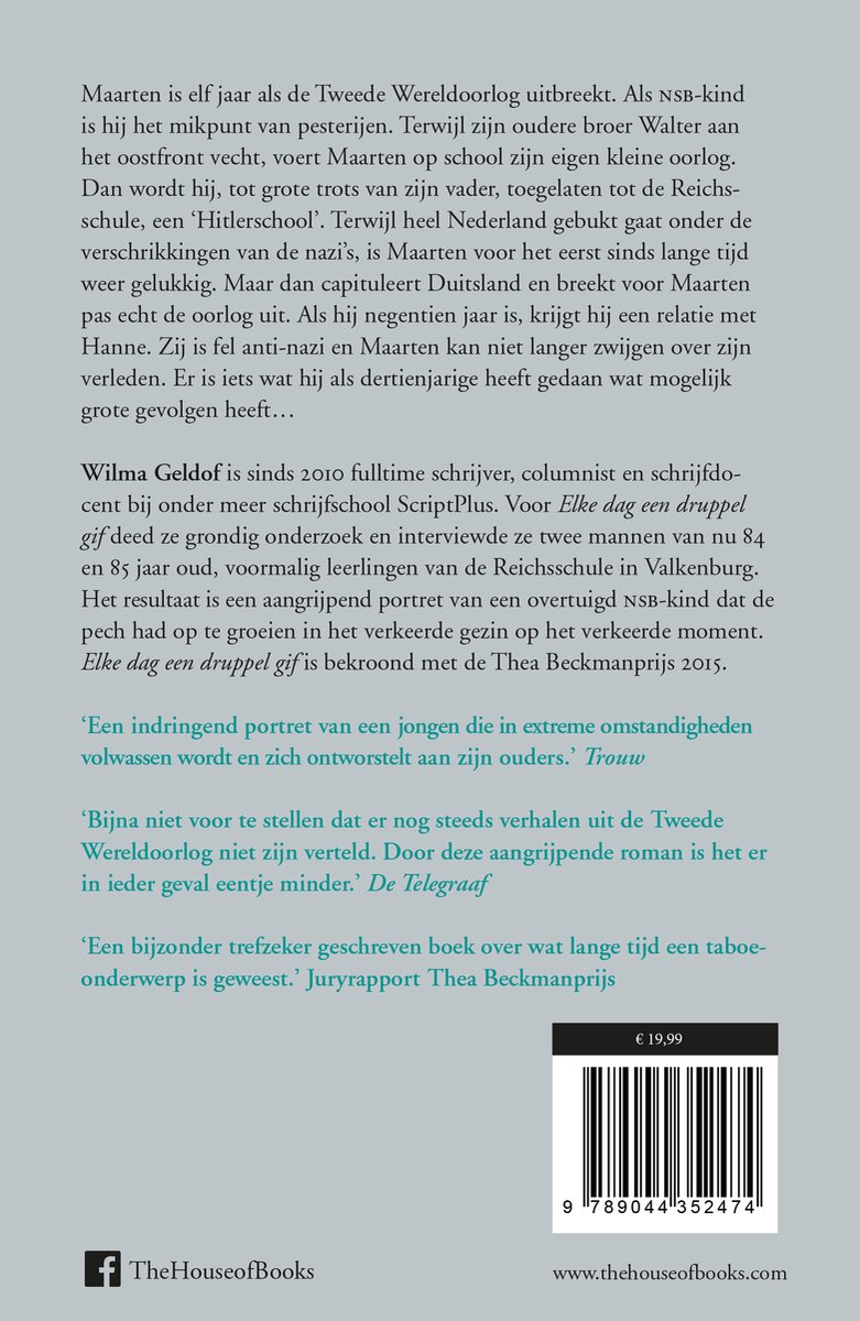 Achterkant van het boek 'Elke dag een druppel gif' met de prijs en website.
