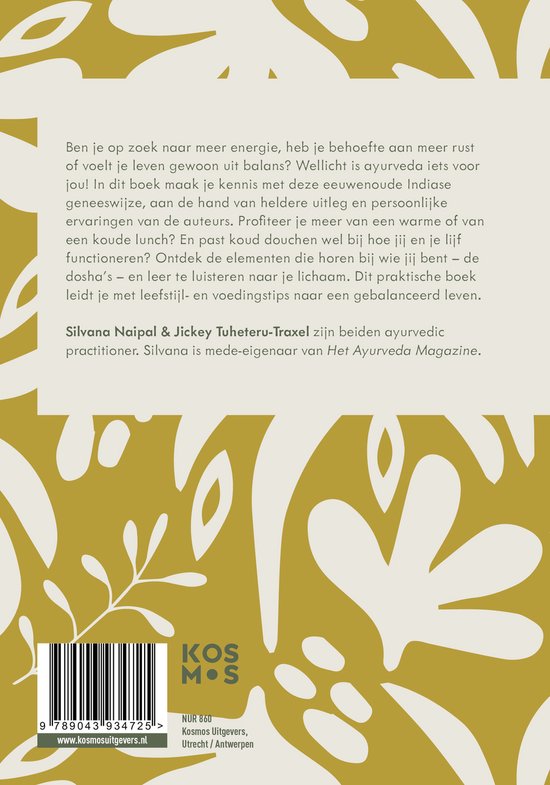 Achterkant van een boek met tekst en auteursnamen. Okergele achtergrond met witte en groene bladeren en takken. Links de barcode en Kosmos Uitgevers logo.