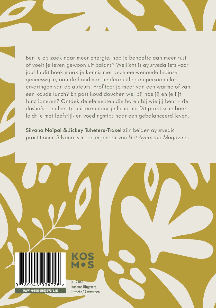 Achterkant van een boek met tekst en auteursnamen. Okergele achtergrond met witte en groene bladeren en takken. Links de barcode en Kosmos Uitgevers logo.