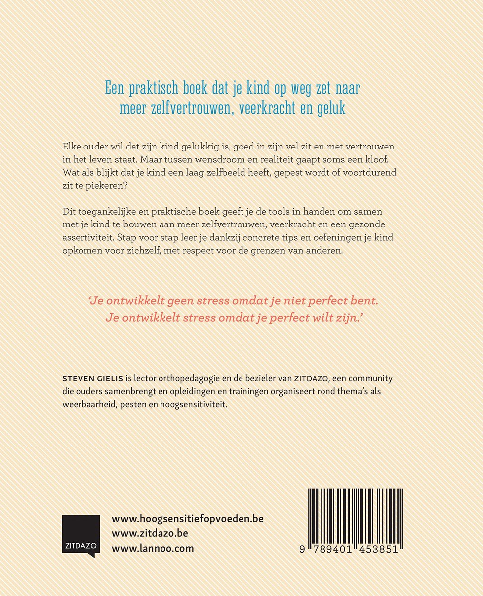 Dos du livre "Opvoeden tot zelfvertrouwen" avec texte sur le livre et informations sur les auteurs.