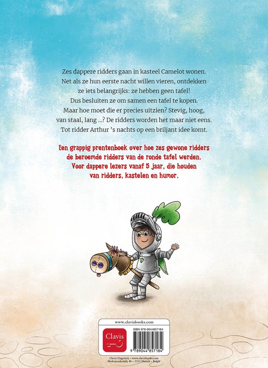 Achterkant boek 'De ridders kopen een ronde tafel' met illustratie van een ridder met paard en tekst.