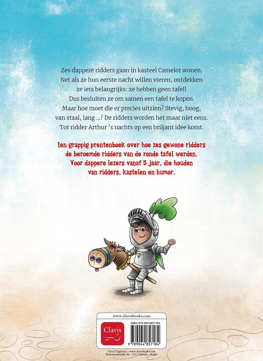 Achterkant boek 'De ridders kopen een ronde tafel' met illustratie van een ridder met paard en tekst.