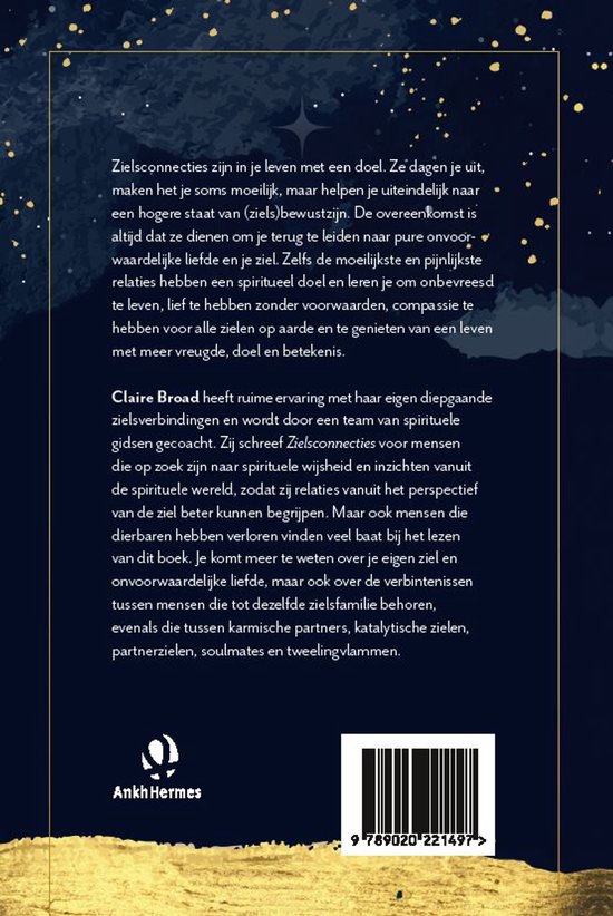 Achterkant van het boek 'Zielsconnecties' van Claire Broad, met tekst en een barcode.
