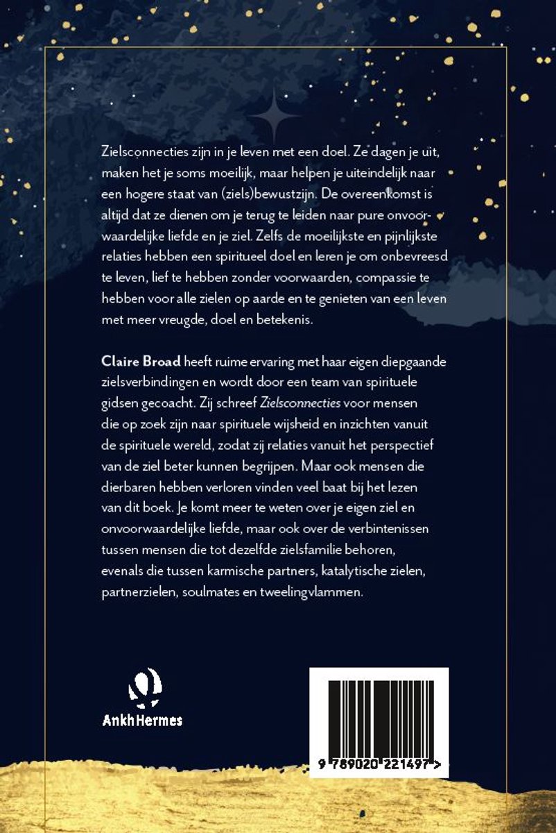 Achterkant van het boek 'Zielsconnecties' van Claire Broad, met tekst en een barcode.