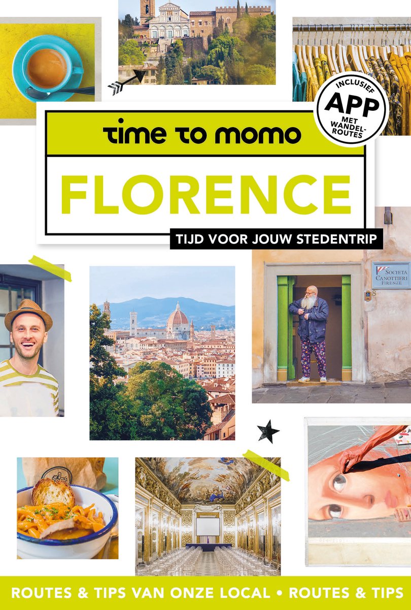 Boek van time to momo Florence met afbeeldingen van een kop koffie, de stad Florence, kleding, een man, eten en een gebouw.