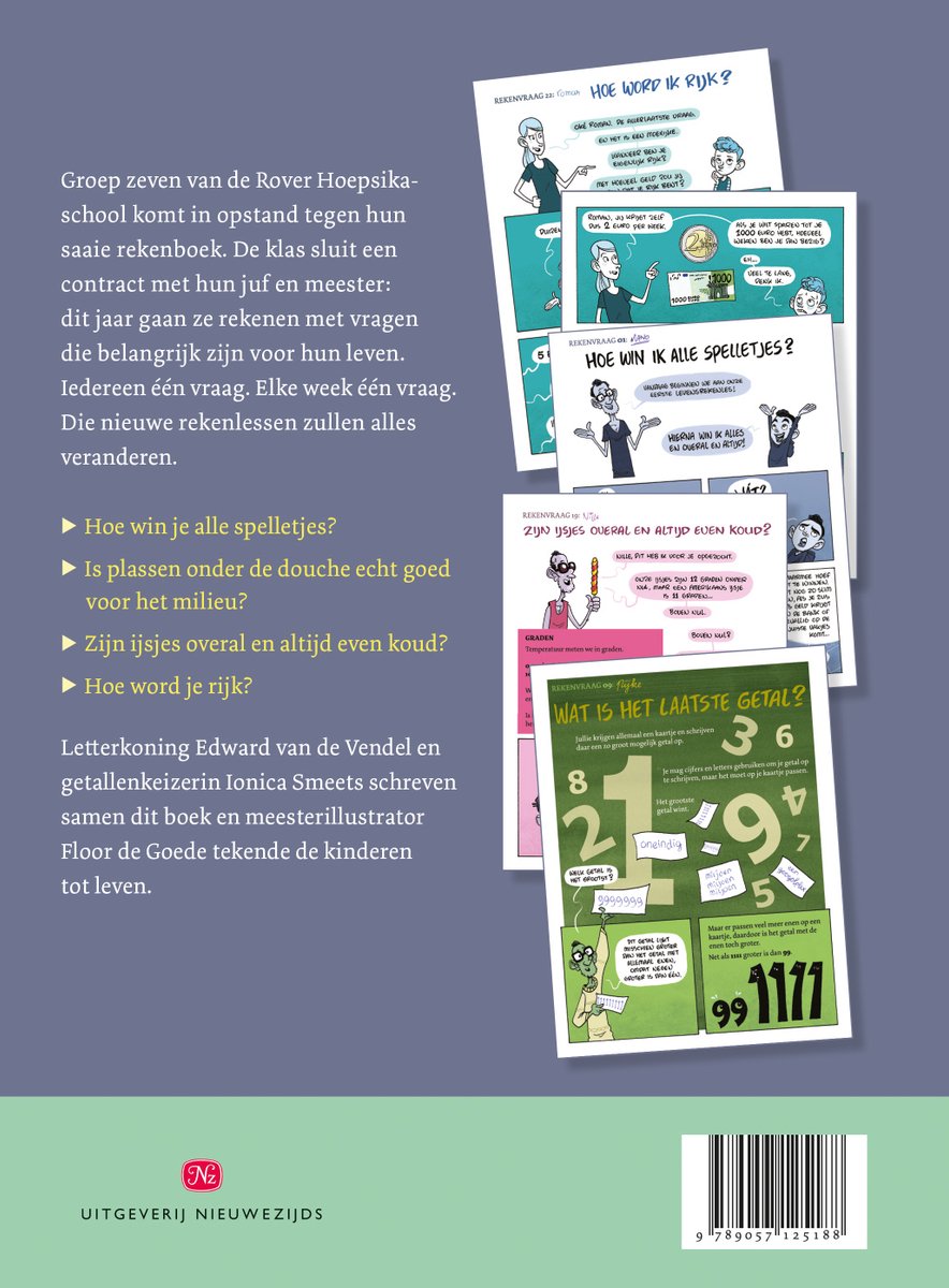 Boekpagina met illustraties en tekst, inclusief vragen over rekenen en spellen, en de titel 'Hoe word ik rijk?'. Kleurrijke tekeningen van personages en cijfers.