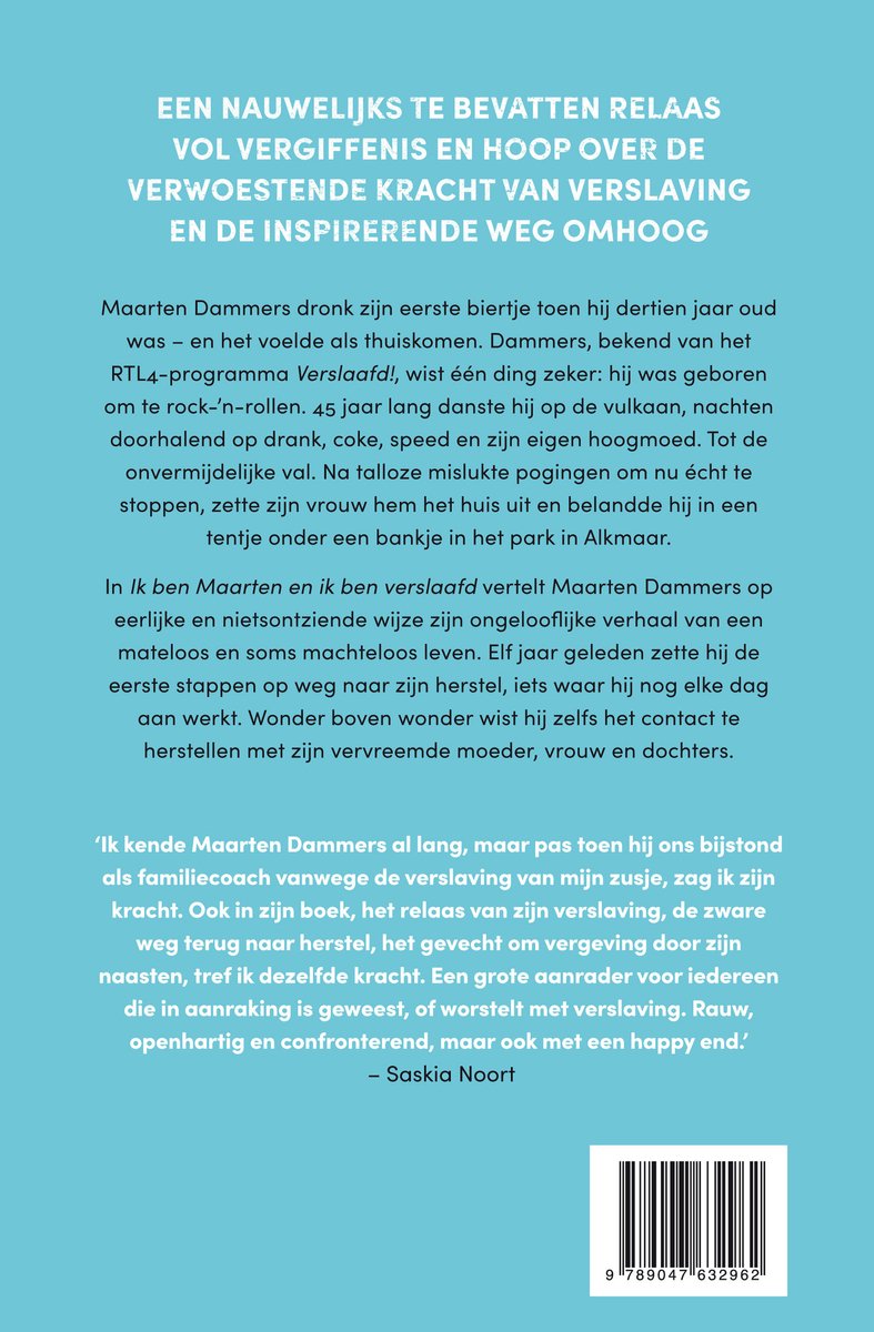Boekcover met tekst over Maarten Dammers en zijn verslaving, met een barcode onderaan.