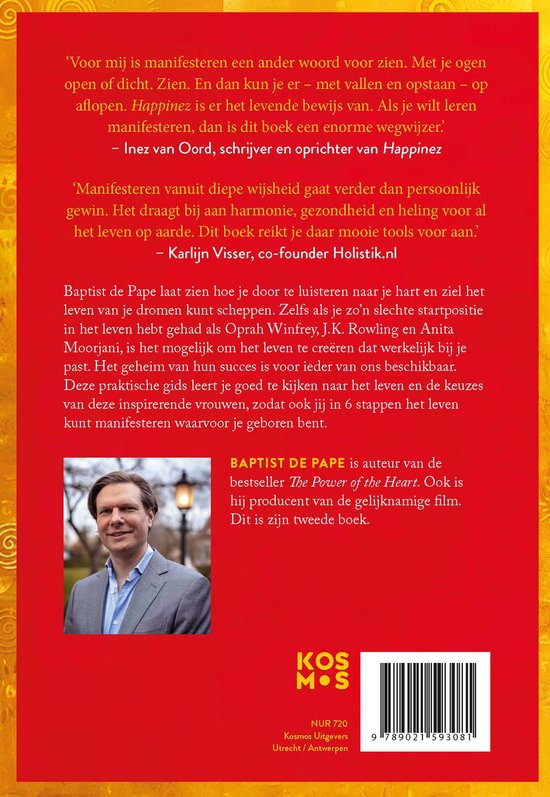 Achterkant boek: Foto van auteur Baptist de Pape, citaten en productinformatie op rode achtergrond.