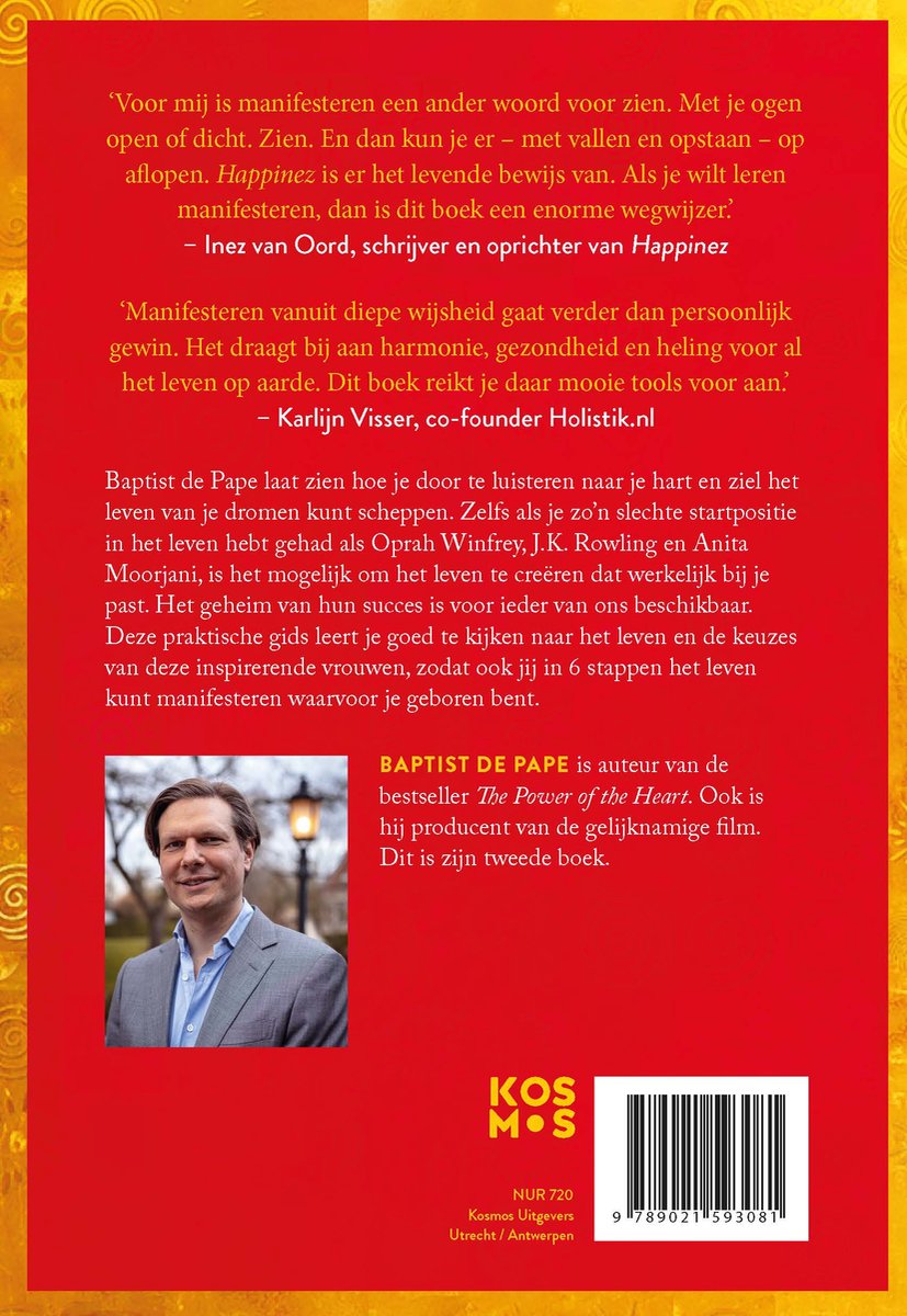 Achterkant boek: Foto van auteur Baptist de Pape, citaten en productinformatie op rode achtergrond.