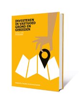 Boek 'Investeren in Vastgoed, Grond en Gebieden' met een gele kaft en een illustratie van een hand die een pin op een kaart plaatst.