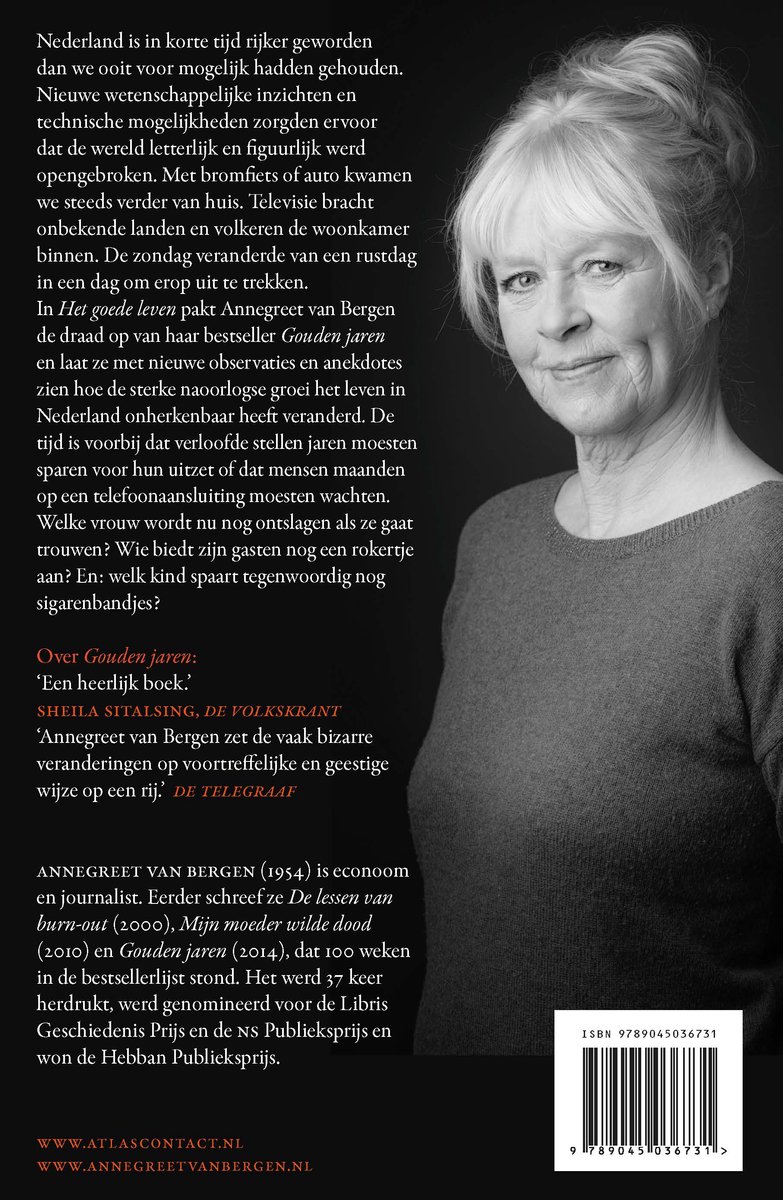 Close-up van het gezicht van een oudere vrouw met grijzend haar, met tekst over het boek 'Het goede leven'.