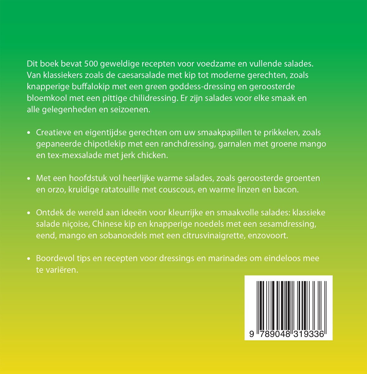 Achterkant van boek '500 maaltijdsalades' met receptbeschrijvingen en barcode.