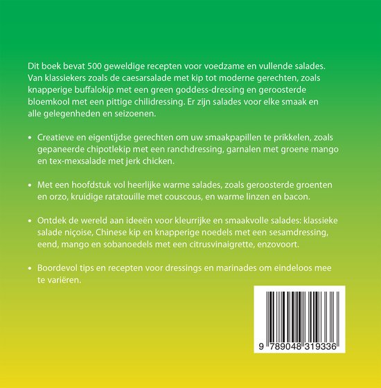 Achterkant van boek '500 maaltijdsalades' met receptbeschrijvingen en barcode.