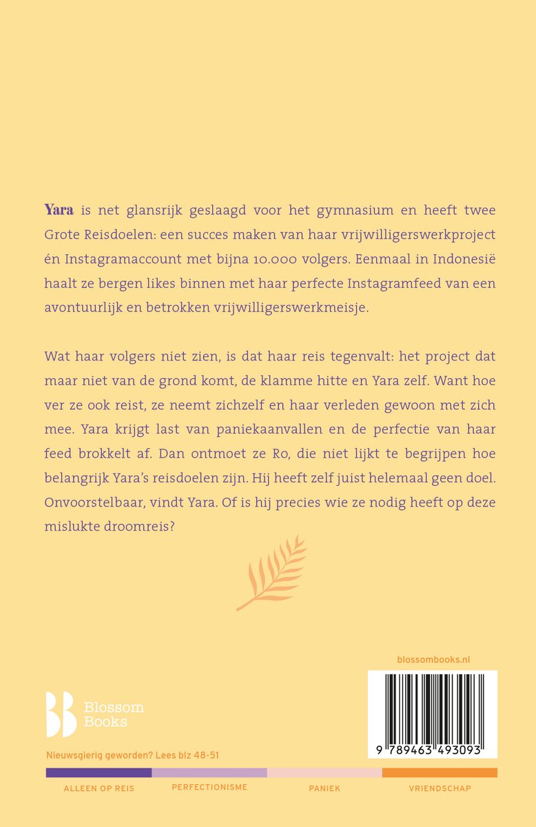 Achterkant van het boek "Het is hier helemaal (niet) perfect" met een korte samenvatting van het verhaal, de ISBN-barcode en de titel "Blossom Books".