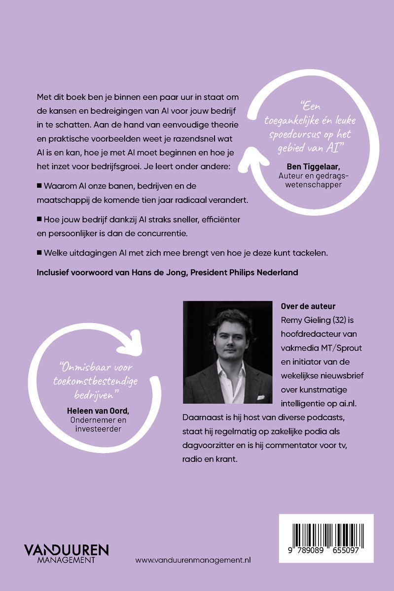 Boek met een portret van auteur Remy Gieling, omringd door citaten over AI.