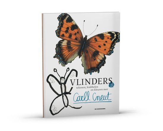 Boek 'Vlinders tekenen, krabbelen en kleuren' met een grote oranje vlinder op de voorkant.
