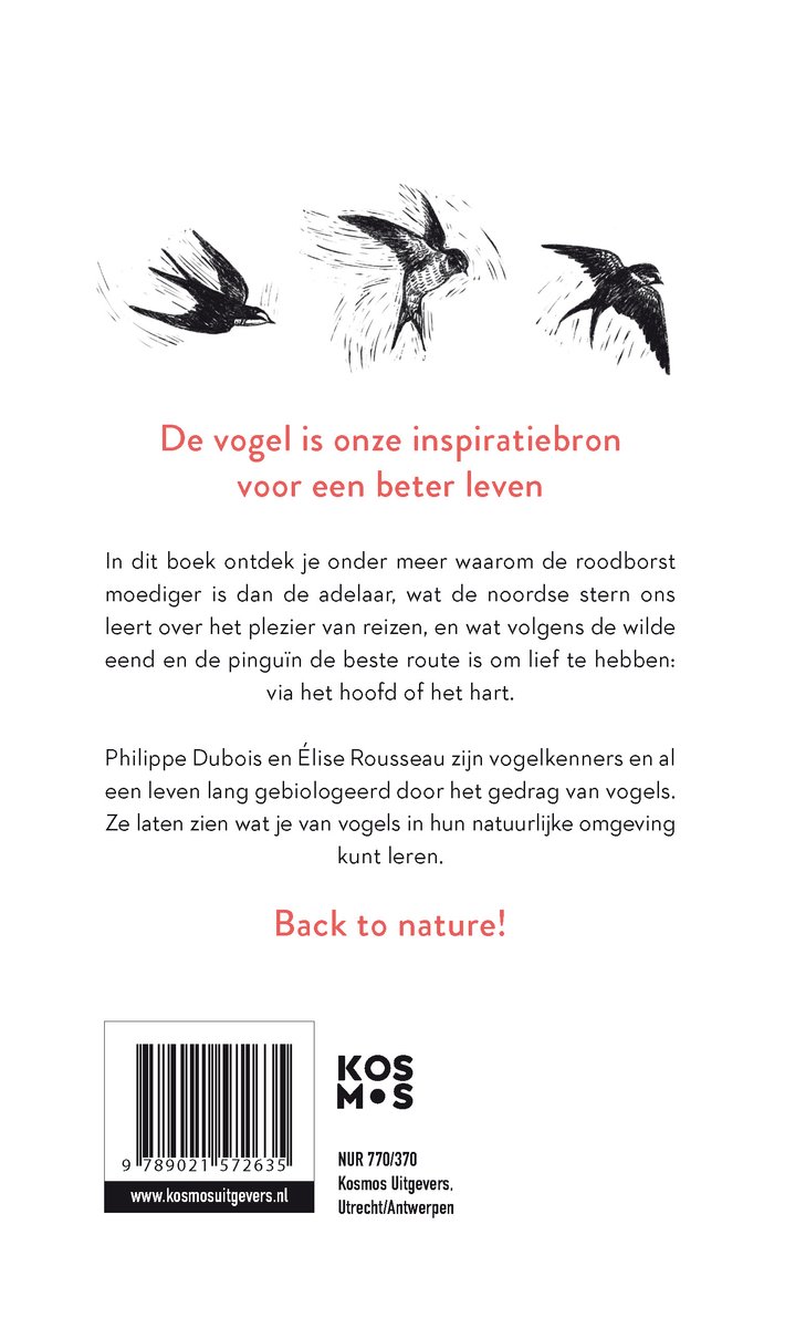 Boekcover met tekst 'De vogel is onze inspiratiebron voor een beter leven' en drie illustraties van vogels.