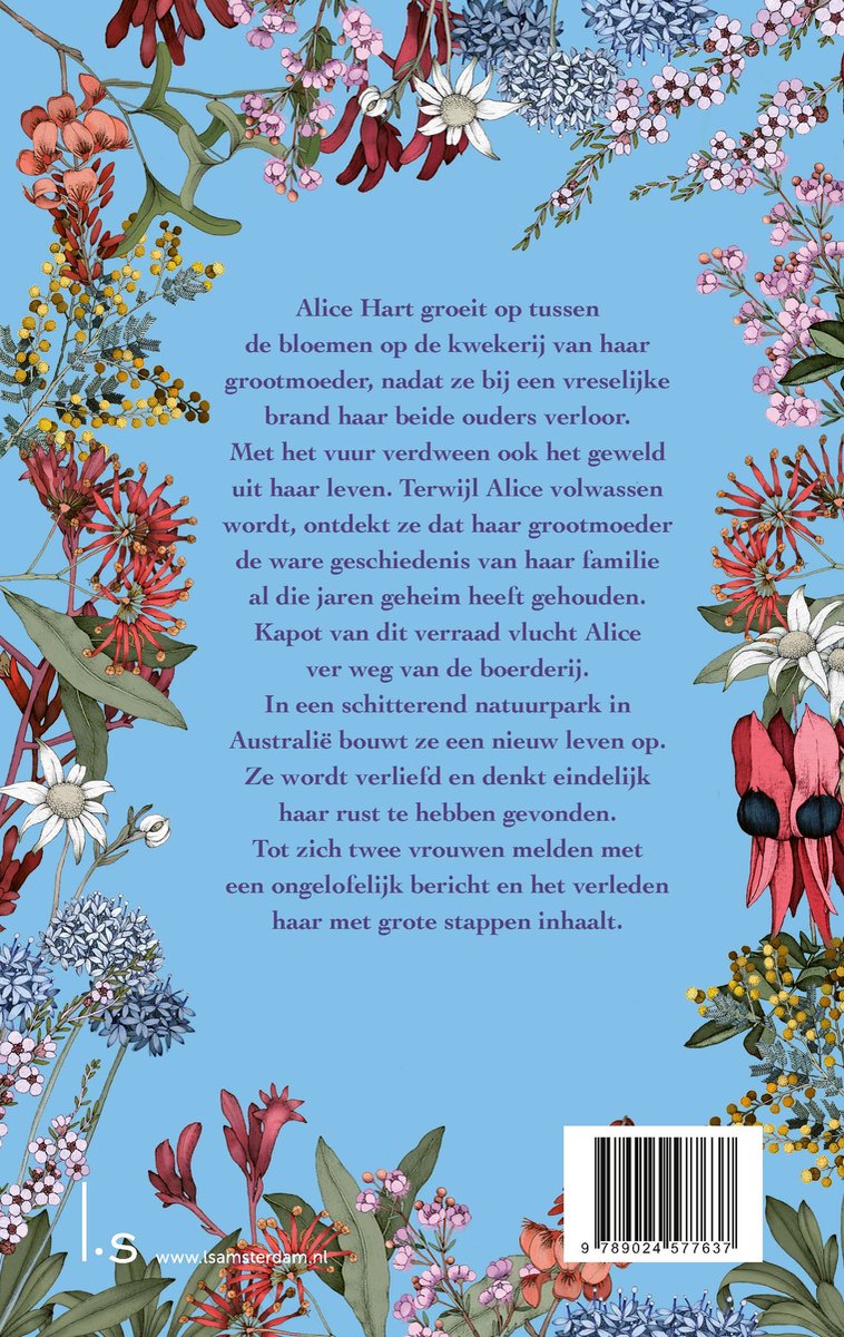 Boekomslag met de titel 'Het verhaal van Alice Hart'. Bloemen in rode, witte en oranje tinten omkaderen de tekst. Achtergrond is lichtblauw.