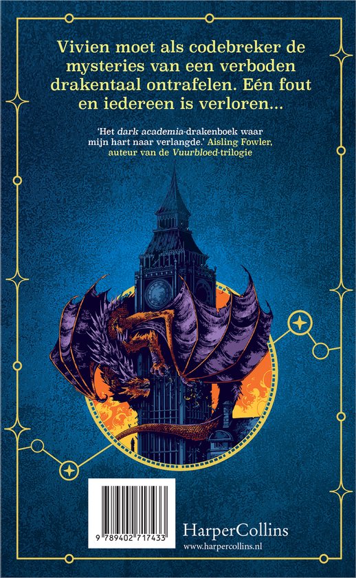 Achterkant van het boek 'A Language of Dragons' met een draak die zich om een klokkentoren wikkelt, met een tekstrecensie en een ISBN.