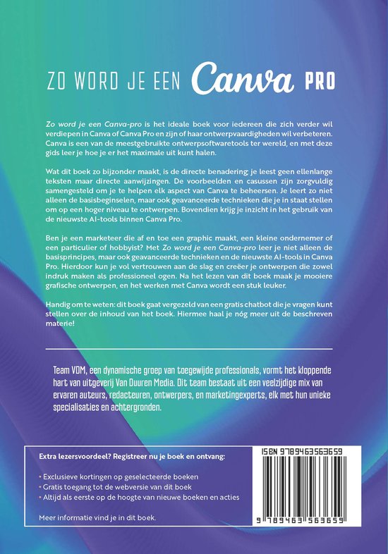 Boekomslag met tekst over Canva Pro en boekdetails, inclusief ISBN