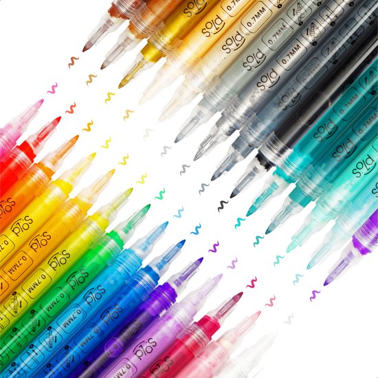 Stylos colorés S.old à pointe 0.7MM, disposés en arc-en-ciel sur fond blanc.
