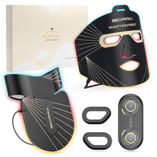IBORRIA MN1 Lichttherapie Masker Voor Gezicht en Hals – LED Masker Huidverzorging – Infraroodlamp Gezichtsmasker – Huidverjongingsapparaat – Facelift Apparaat - 4 Kleuren - Zwart
