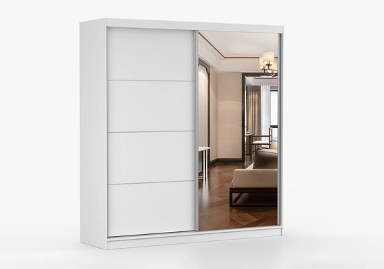 Kledingkast Posa 42 - 2-deurs schuifdeurkast met spiegel, 3 lades en kledingstang - Garderobekast voor slaapkamer, hal en woonkamer - Moderne kast met ruime opbergruimte (Wit)