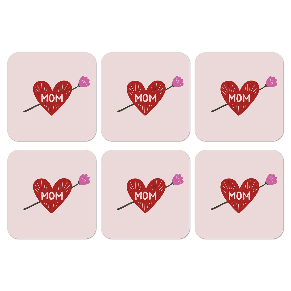Onderzetters voor glazen - Hart - Rood - Bloem - Moeder - 10x10 cm - Glasonderzetters - 6 stuks