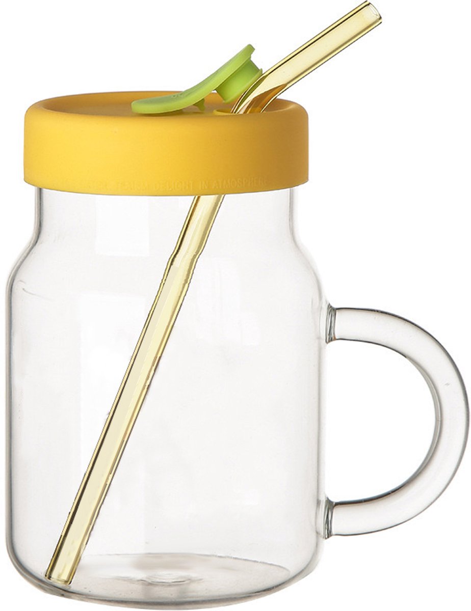 EITIKA glazen beker met siliconen deksel en glazen rietje - GEEL - 750 ml – Bubble tea beker – IJs koffiebeker – Mason Jar – cocktailglas – Smoothie beker