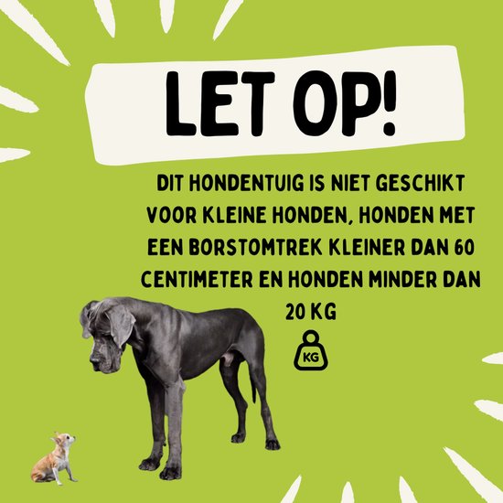 Een Doggen, een Chihuahua en tekst: "LET OP! DIT HONDENTUIG IS NIET GESCHIKT VOOR KLEINE HONDEN..."