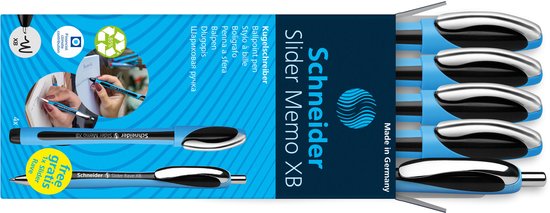 Verpakking van Schneider Slider Memo pennen, met vier blauwe pennen met zilverkleurige clip en een gratis blauwe Slider Rave pen.