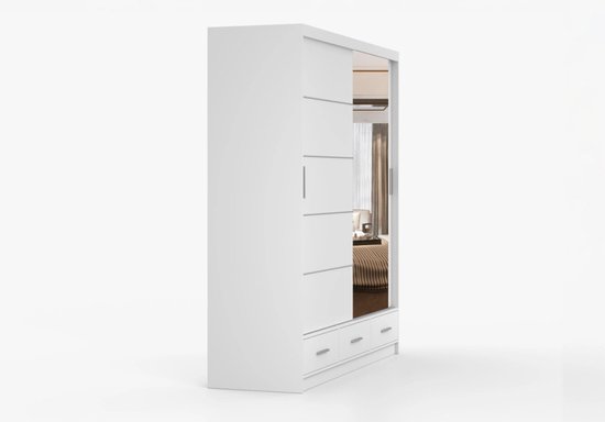 Armoire FLIX 200 cm - Armoire 2 portes coulissantes avec tiroirs et barres décoratives - Armoire moderne pour chambre (Wit)