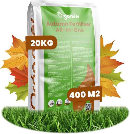 Engrais d'automne 3in1 (20Kg - Pour 400m2) Riche en potassium - Augmente la résistance du gazon et des plantes contre le gel, la sécheresse, les maladies et l'accès - Organifer