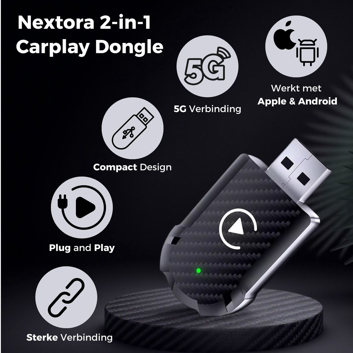 Nextora 2-in-1 CarPlay en Android Auto Dongle draadloos USB-C/A snelle verbinding voor auto, zwart - Afbeelding 2