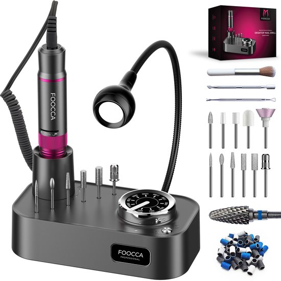 FOOCCA® Desktop PRO - Elektrische Nagelvijl 35000 RPM - LED Verlichting - Nagelfrees - Manicure en Pedicure Set - Eeltverwijderaar - 12 Bitjes en 65 Schuurrolletjes (uitbreidbaar) - 3 Extra Accessoires